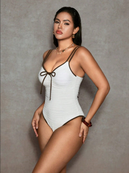 Brown Contrast Trim Front Bow Textured One Piece
