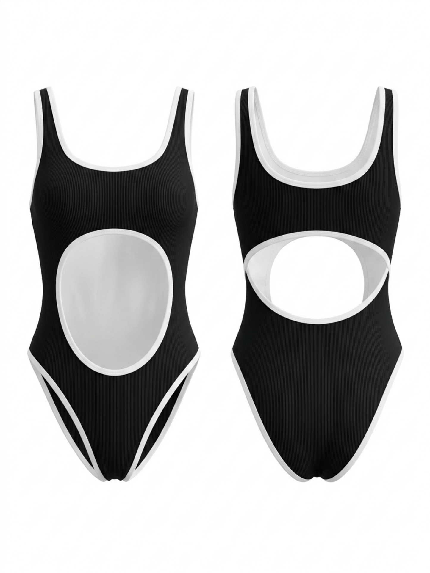 Black White Contrast Trim Front Cutout One Piece