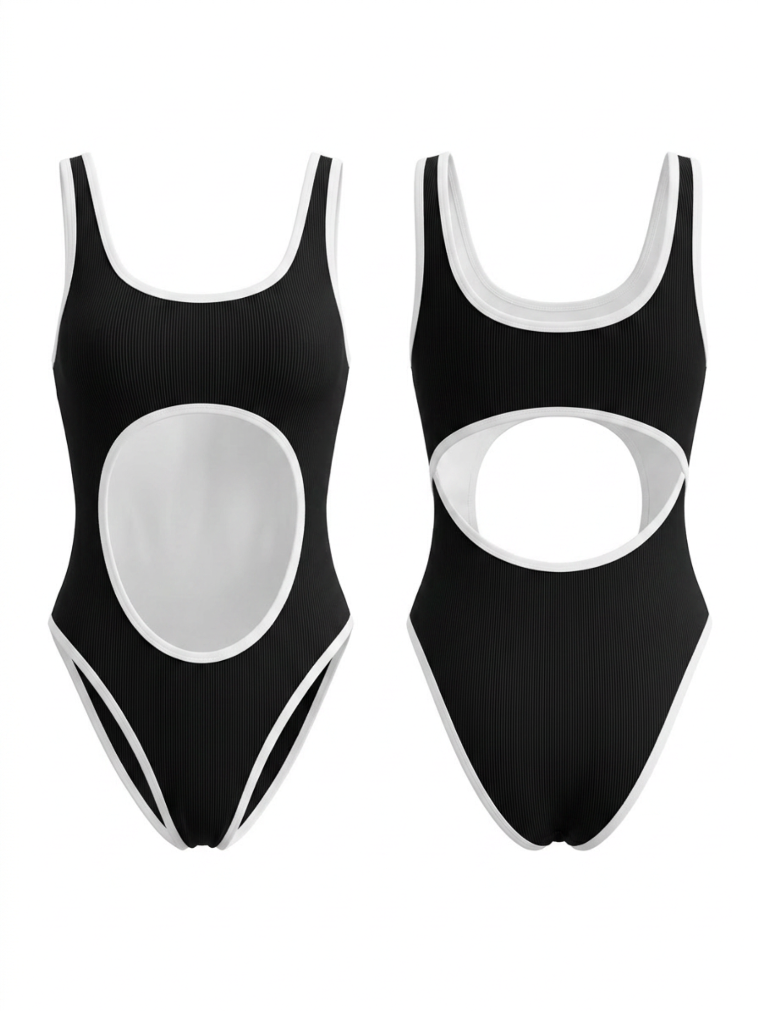 Black White Contrast Trim Front Cutout One Piece