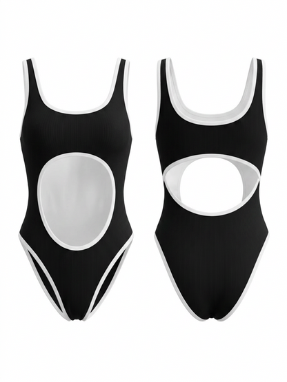 Black White Contrast Trim Front Cutout One Piece
