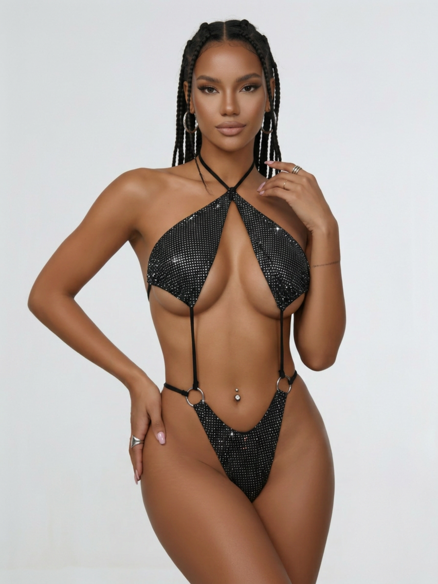 Rhinestone Halter Cutout Ring Detail High Cut One Piece
