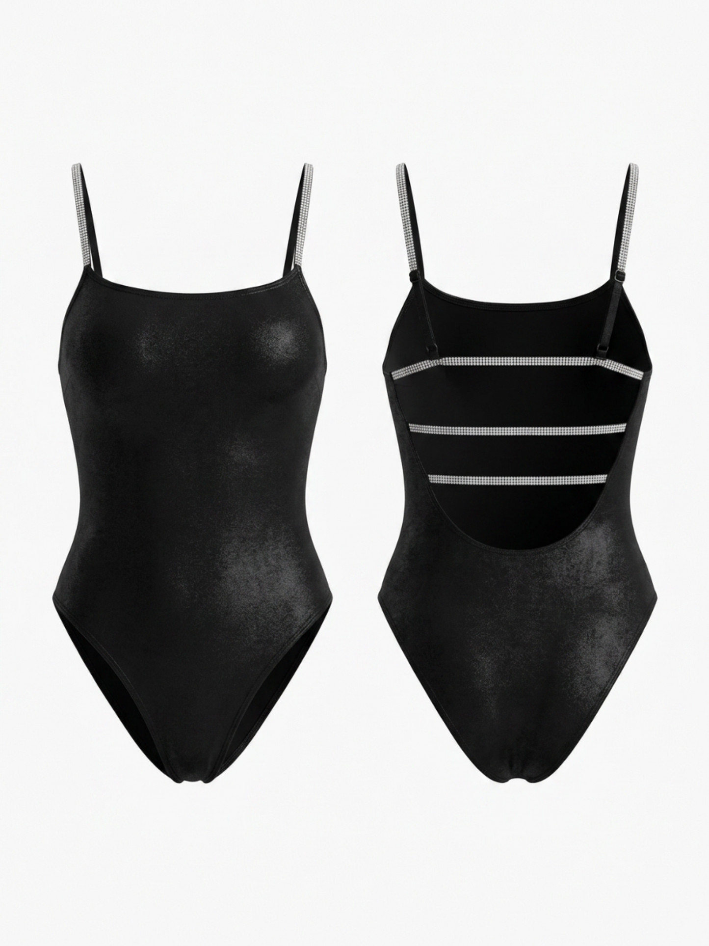 Metallic Black Rhinestone Thin Strap Square Neck One Piece
