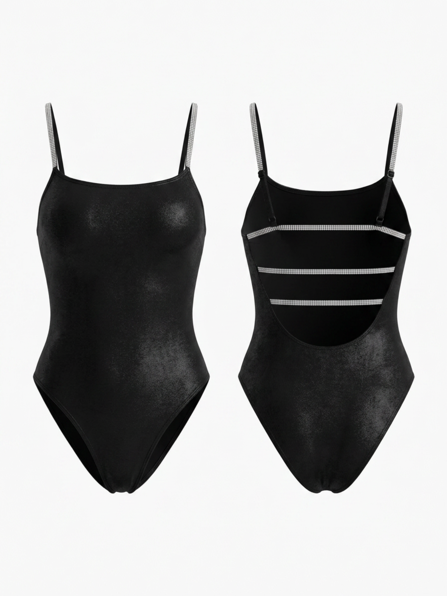 Metallic Black Rhinestone Thin Strap Square Neck One Piece