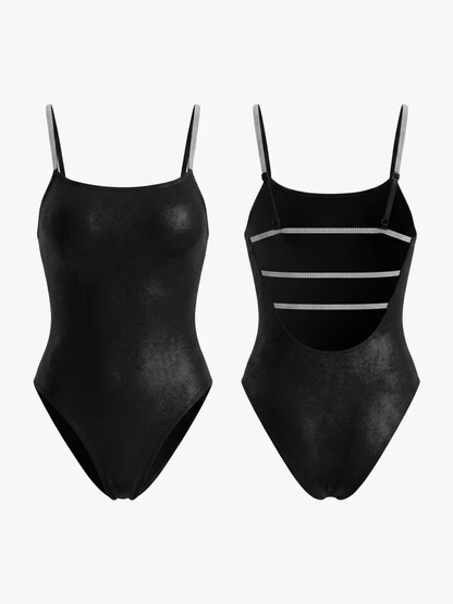 Metallic Black Rhinestone Thin Strap Square Neck One Piece