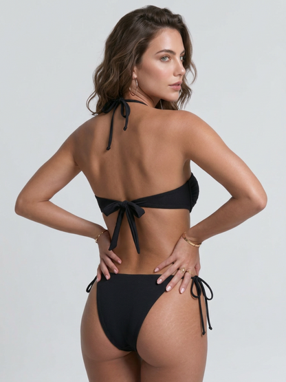 Gold Chain Ring Cutout Side Tie Black One Piece