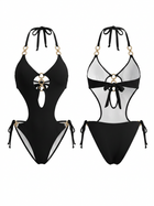 Gold Chain Ring Cutout Side Tie Black One Piece