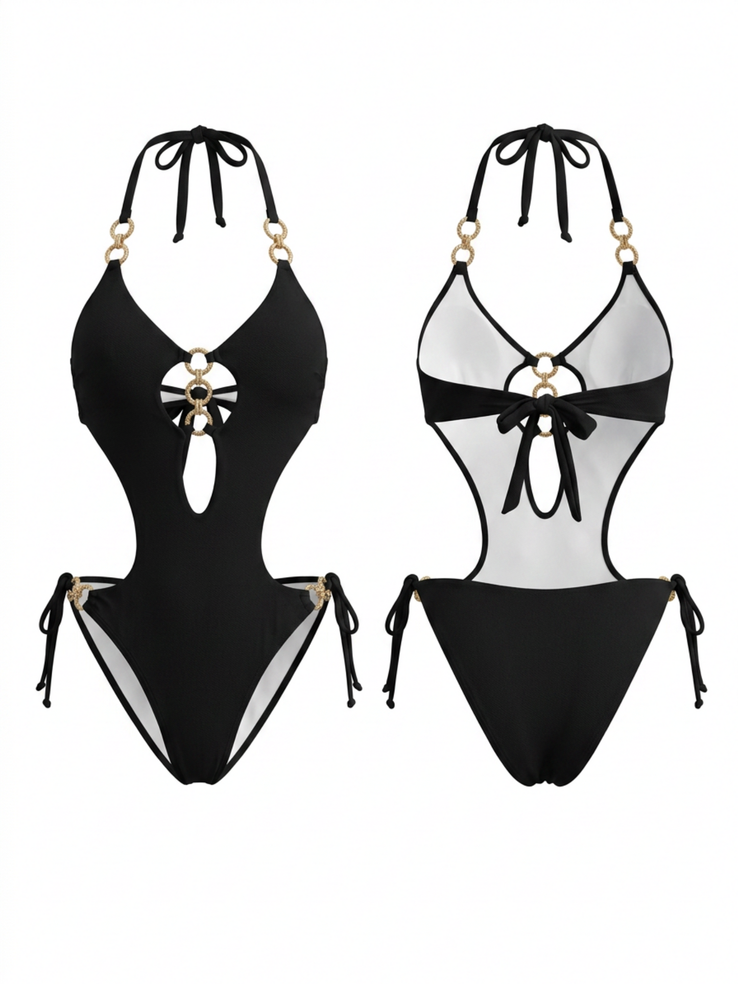 Gold Chain Ring Cutout Side Tie Black One Piece
