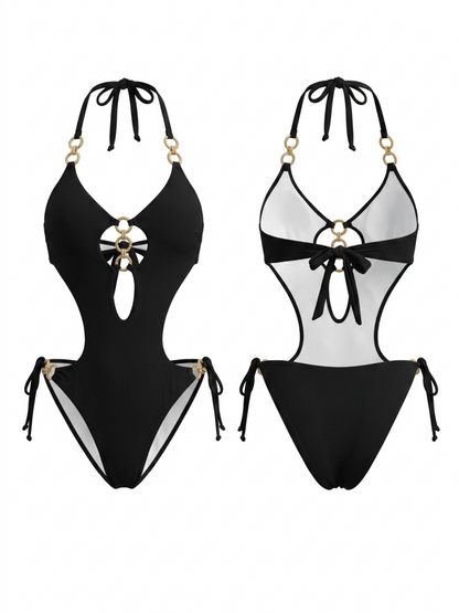 Gold Chain Ring Cutout Side Tie Black One Piece