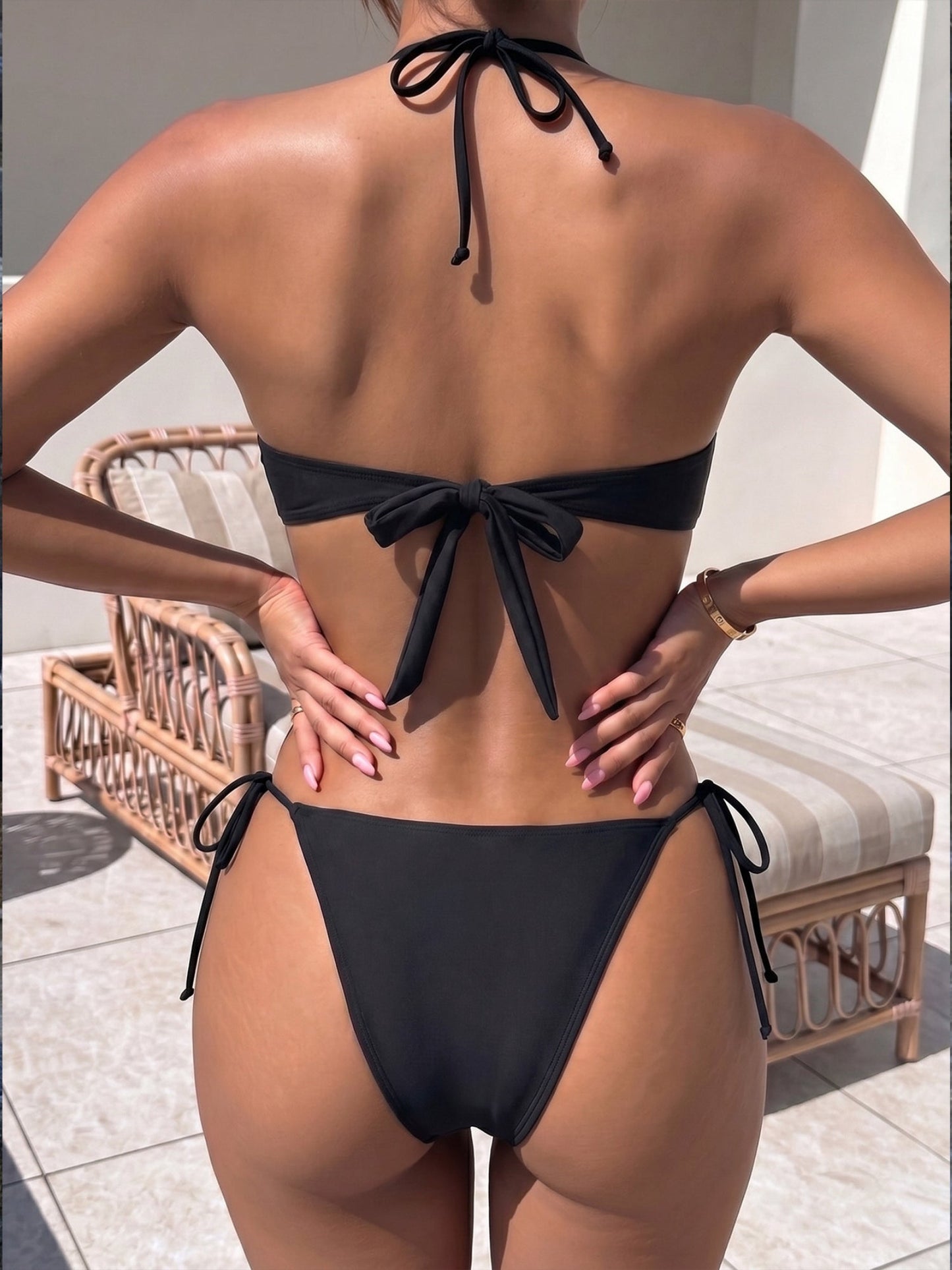 Gold Chain Ring Cutout Side Tie Black One Piece