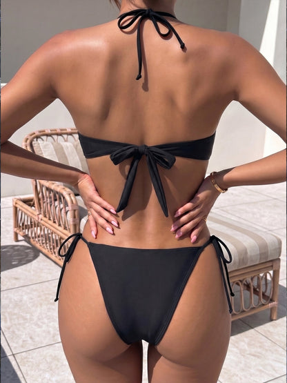 Gold Chain Ring Cutout Side Tie Black One Piece