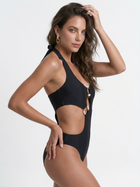 Pearl Buckle Multi Cutout Halter Black One Piece