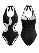 Pearl Buckle Multi Cutout Halter Black One Piece