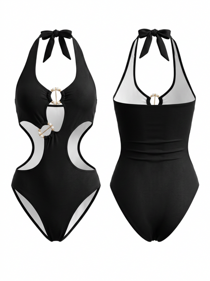 Pearl Buckle Multi Cutout Halter Black One Piece
