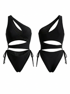 One Shoulder Wrap Multi Cutout Side Tie Black One Piece