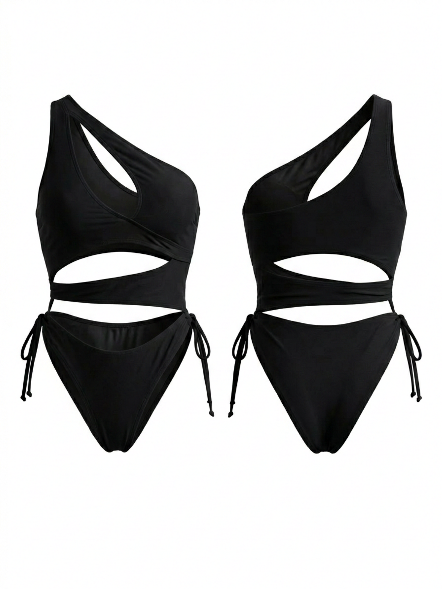 One Shoulder Wrap Multi Cutout Side Tie Black One Piece