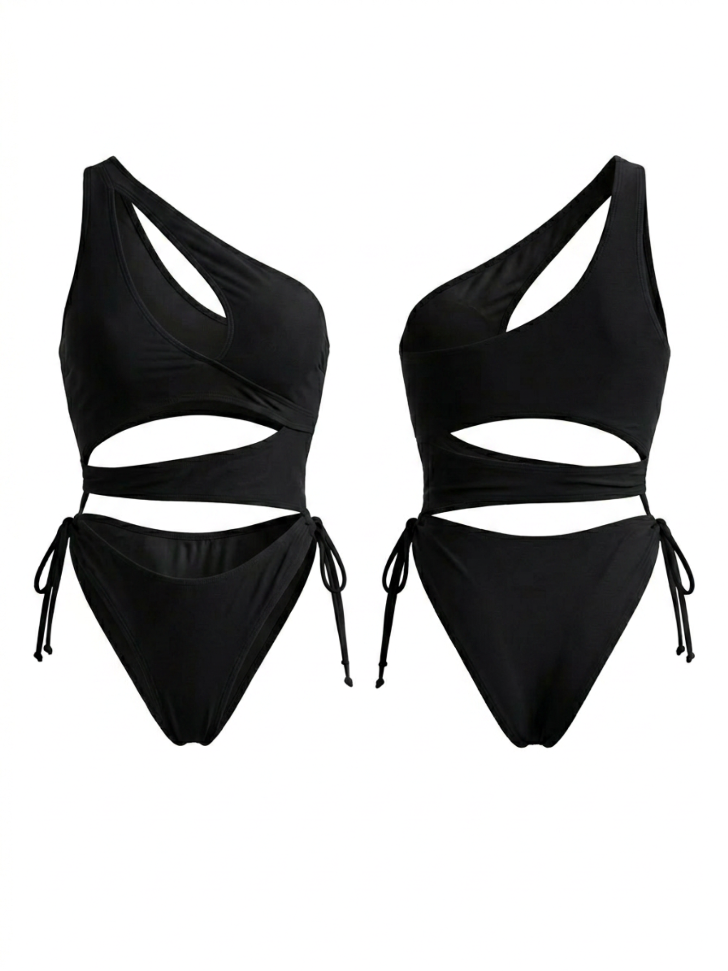 One Shoulder Wrap Multi Cutout Side Tie Black One Piece