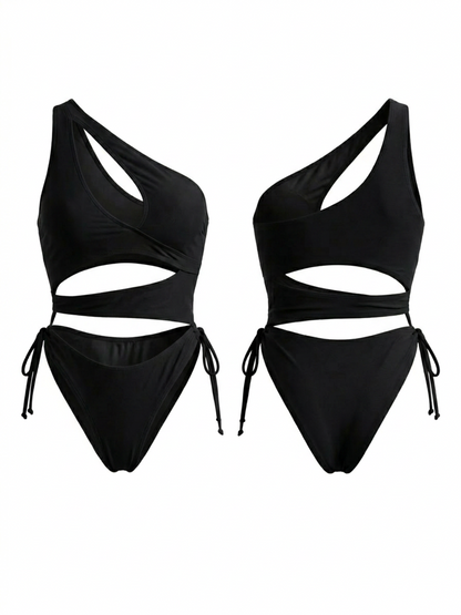 One Shoulder Wrap Multi Cutout Side Tie Black One Piece
