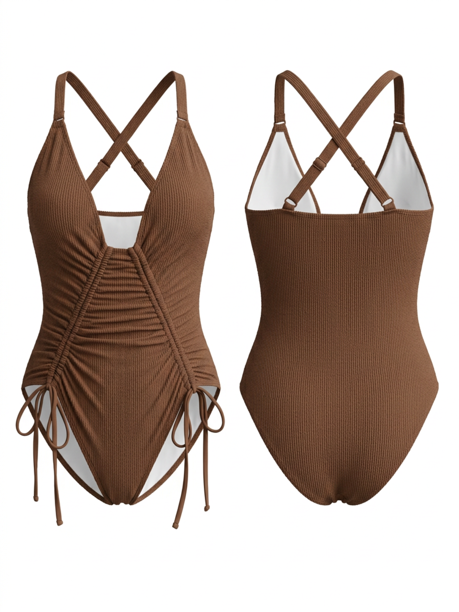 Deep V Halter Side Drawstring Ruched Brown One Piece