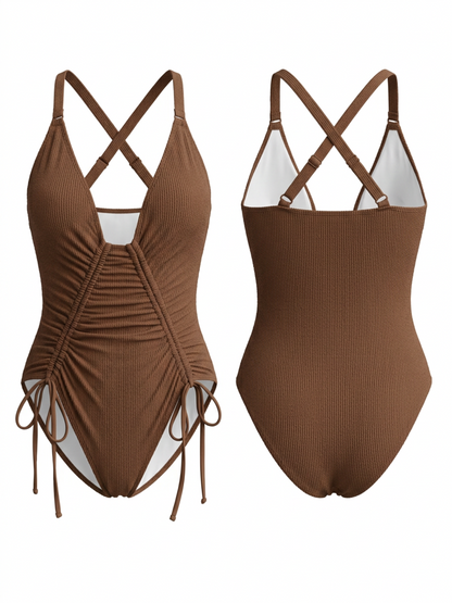 Deep V Halter Side Drawstring Ruched Brown One Piece