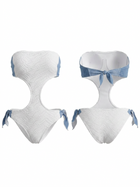 Textured White Denim Patch Side Tie Cutout Bandeau One Piece