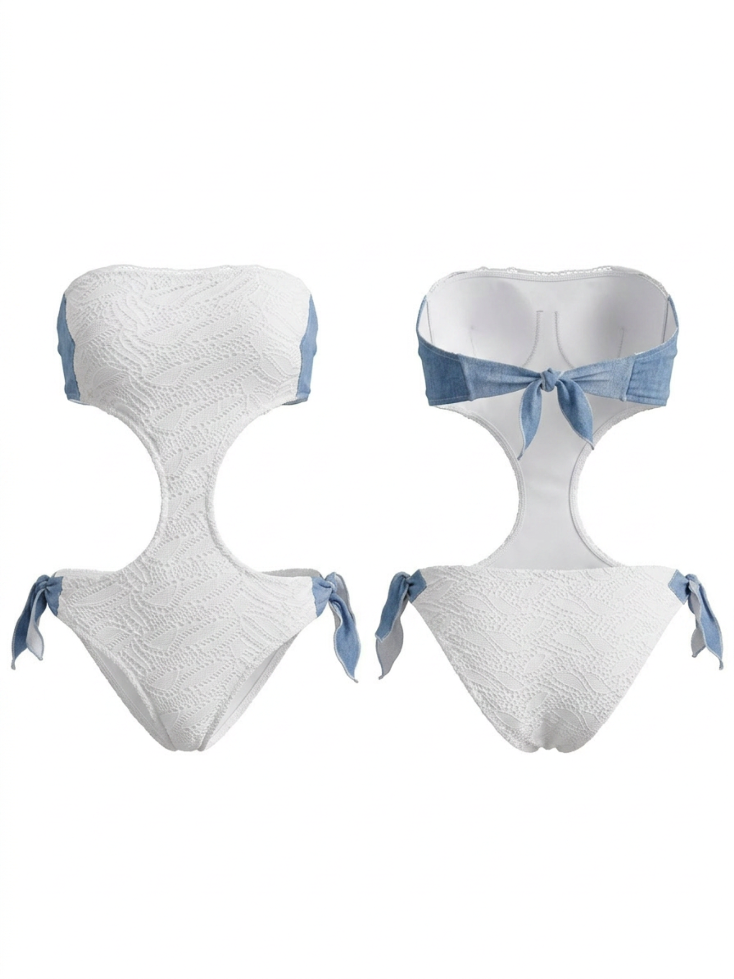 Textured White Denim Patch Side Tie Cutout Bandeau One Piece