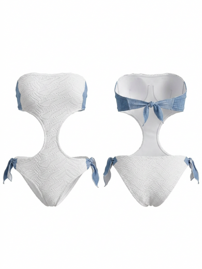 Textured White Denim Patch Side Tie Cutout Bandeau One Piece