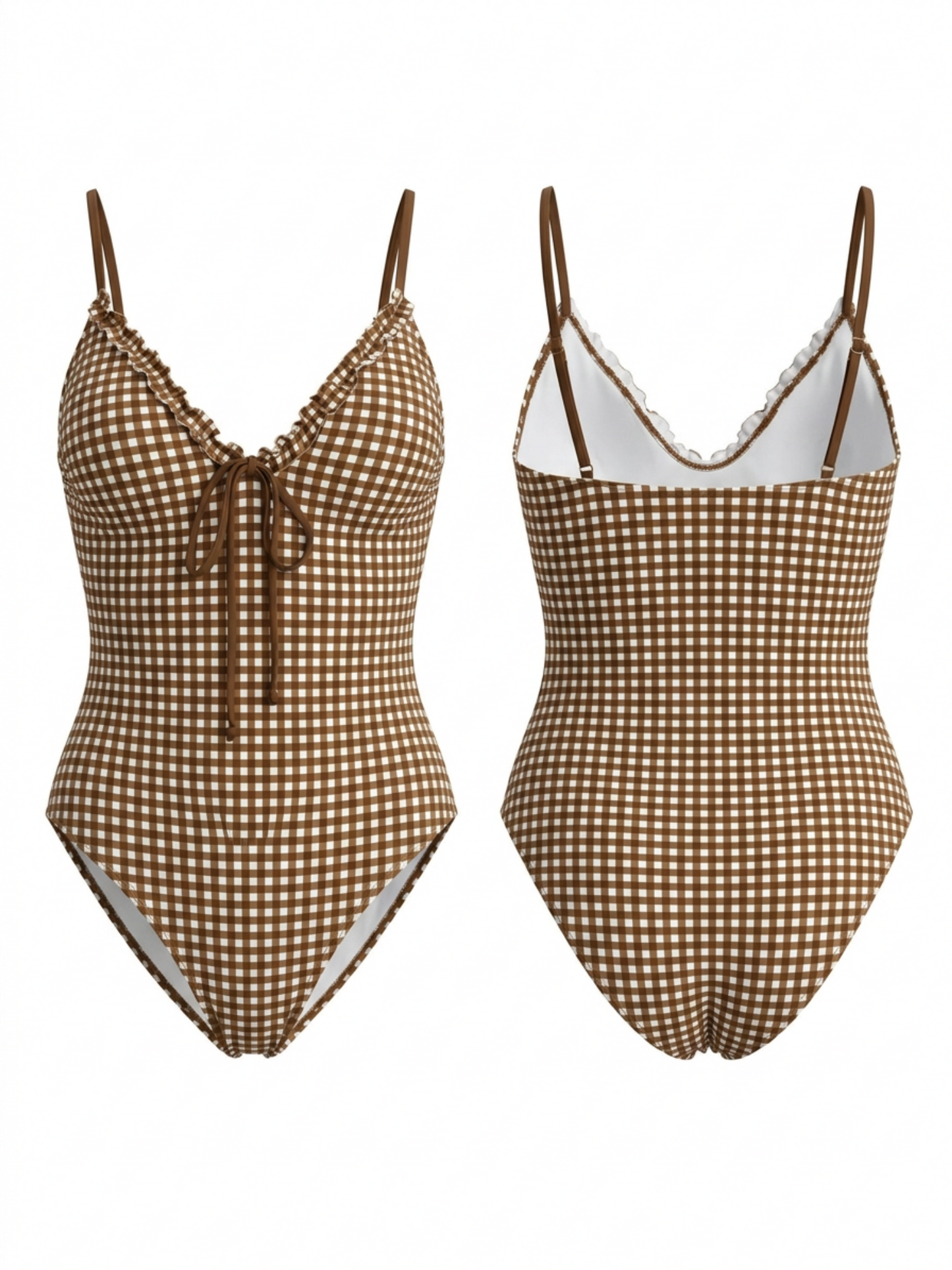 Vintage Brown Check Ruffle V Neck String One Piece