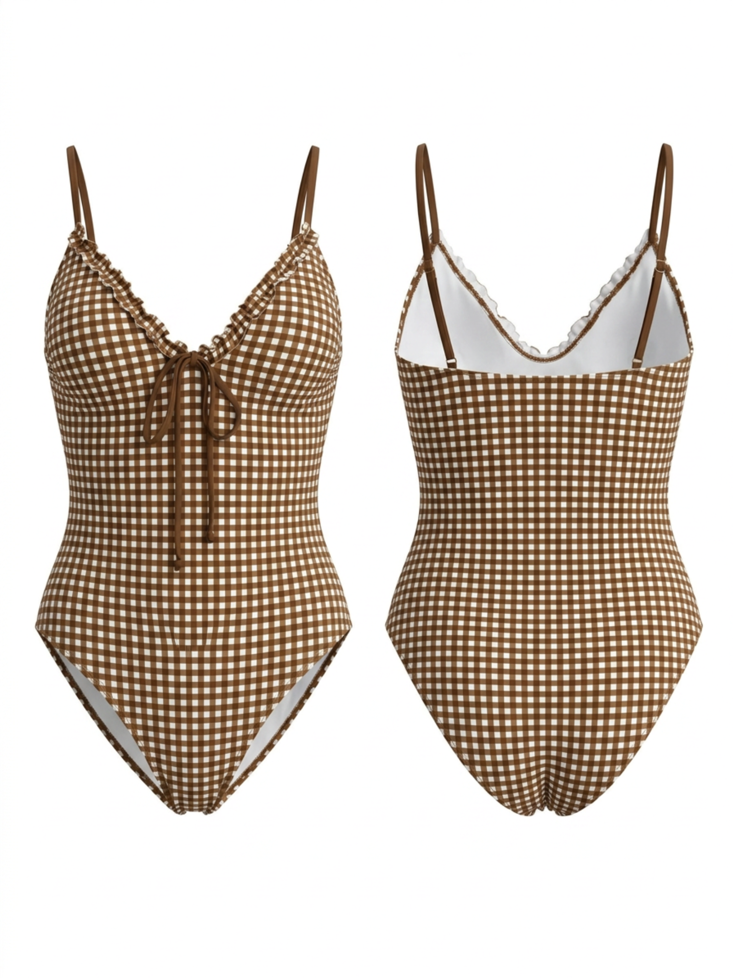 Vintage Brown Check Ruffle V Neck String One Piece