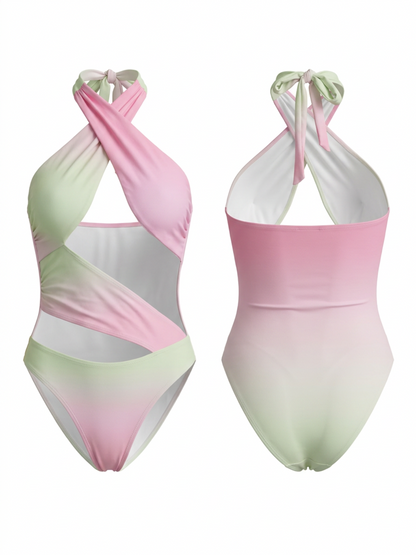 Ombre Satin Crisscross Wrap Waist High Cut Swimwear Set