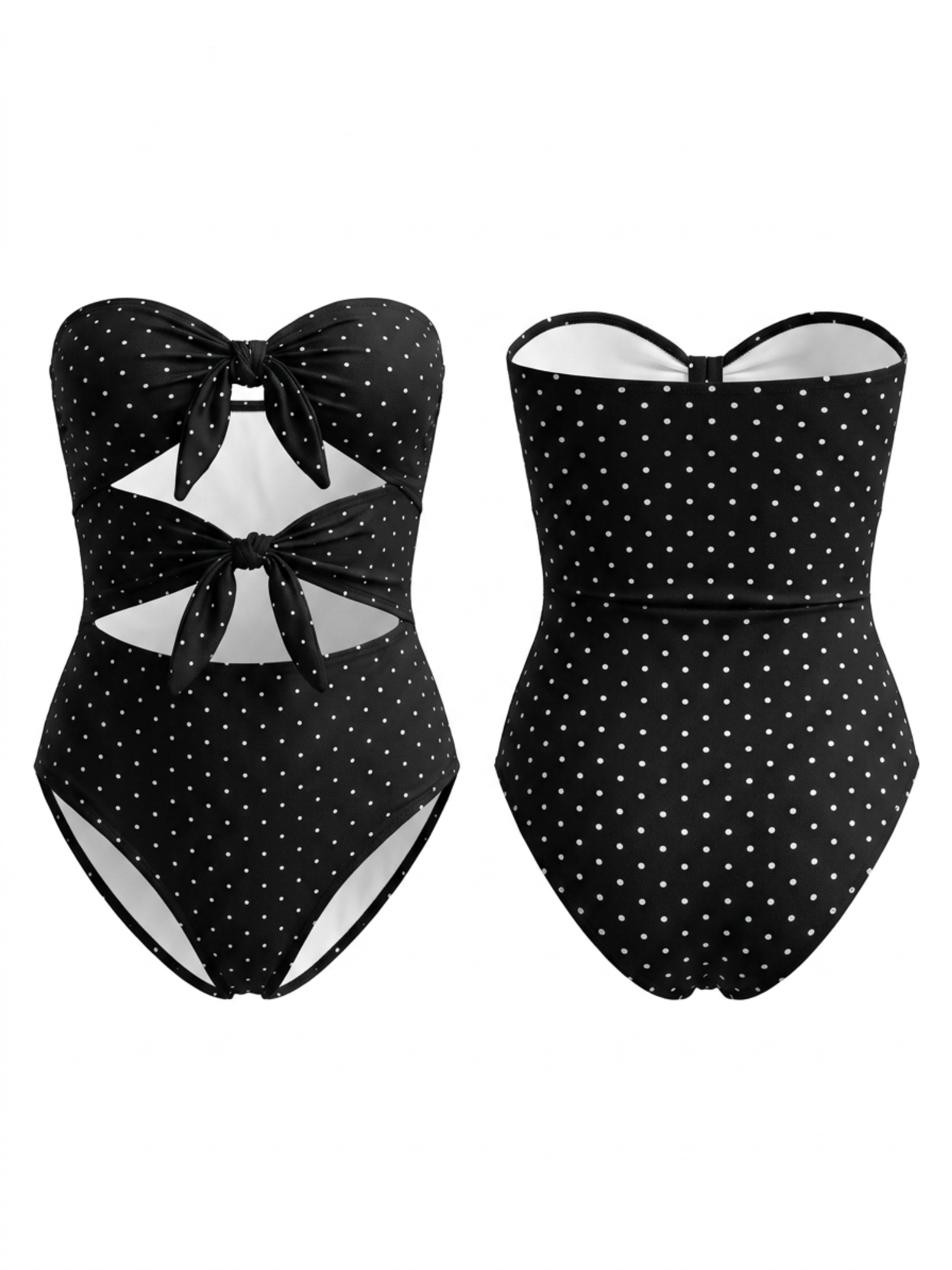 Black White Polka Dot Bandeau Double Bow Cutout One Piece