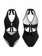 Black Halter V Neck Ruffle Double Twist Cutout One Piece