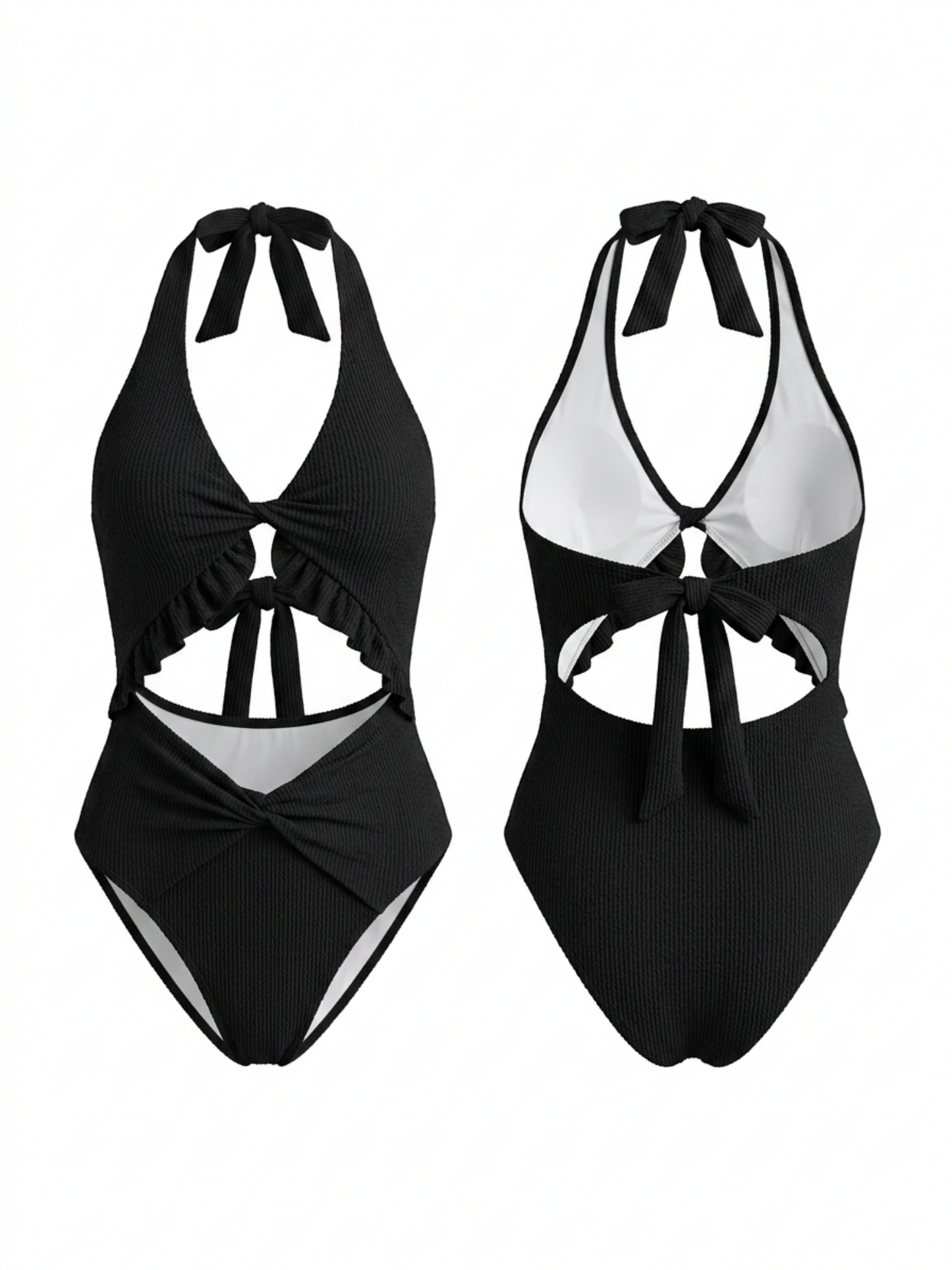 Black Halter V Neck Ruffle Double Twist Cutout One Piece