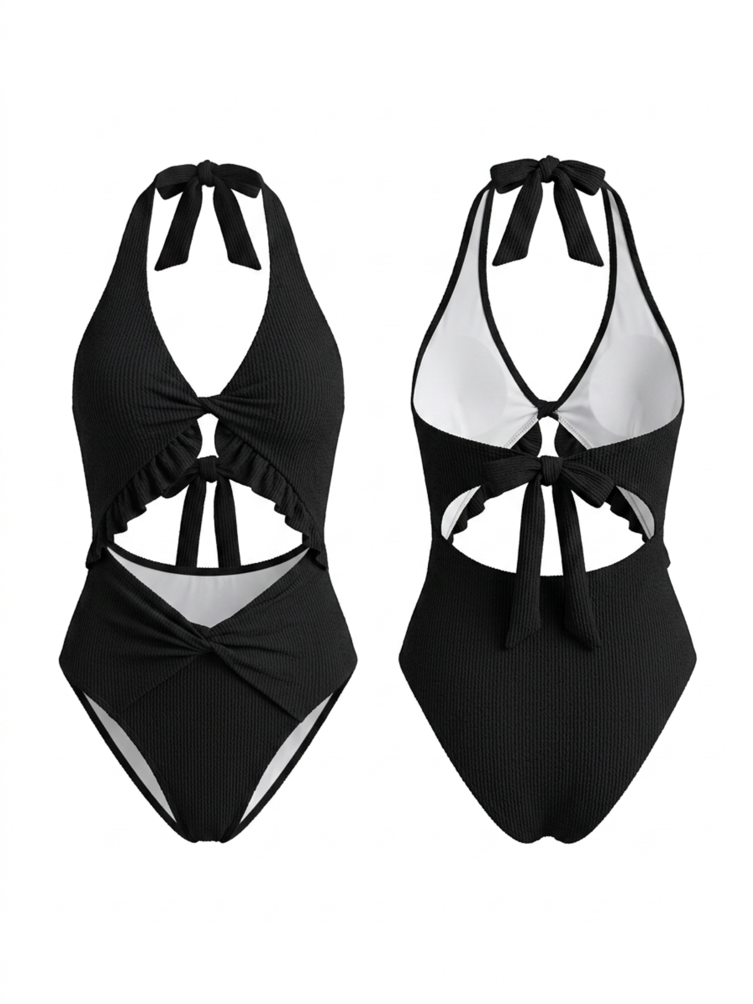 Black Halter V Neck Ruffle Double Twist Cutout One Piece