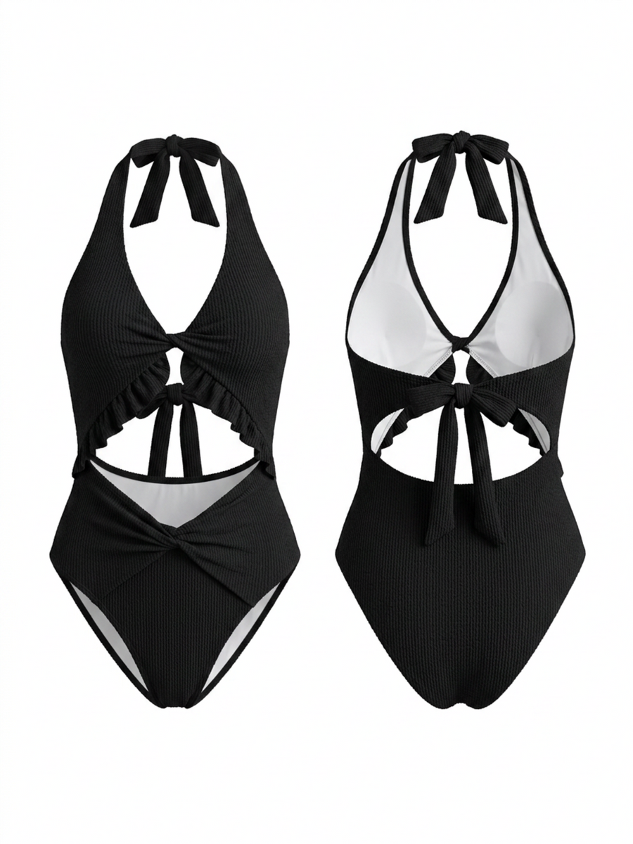 Black Halter V Neck Ruffle Double Twist Cutout One Piece