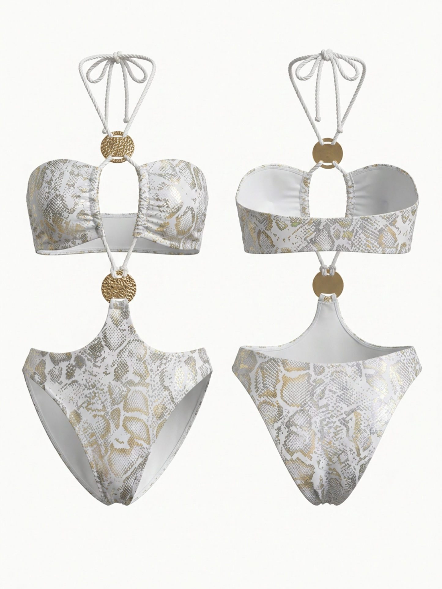 Luxury Gold Disc Decor Snake Print Rope Tie Halter One Piece