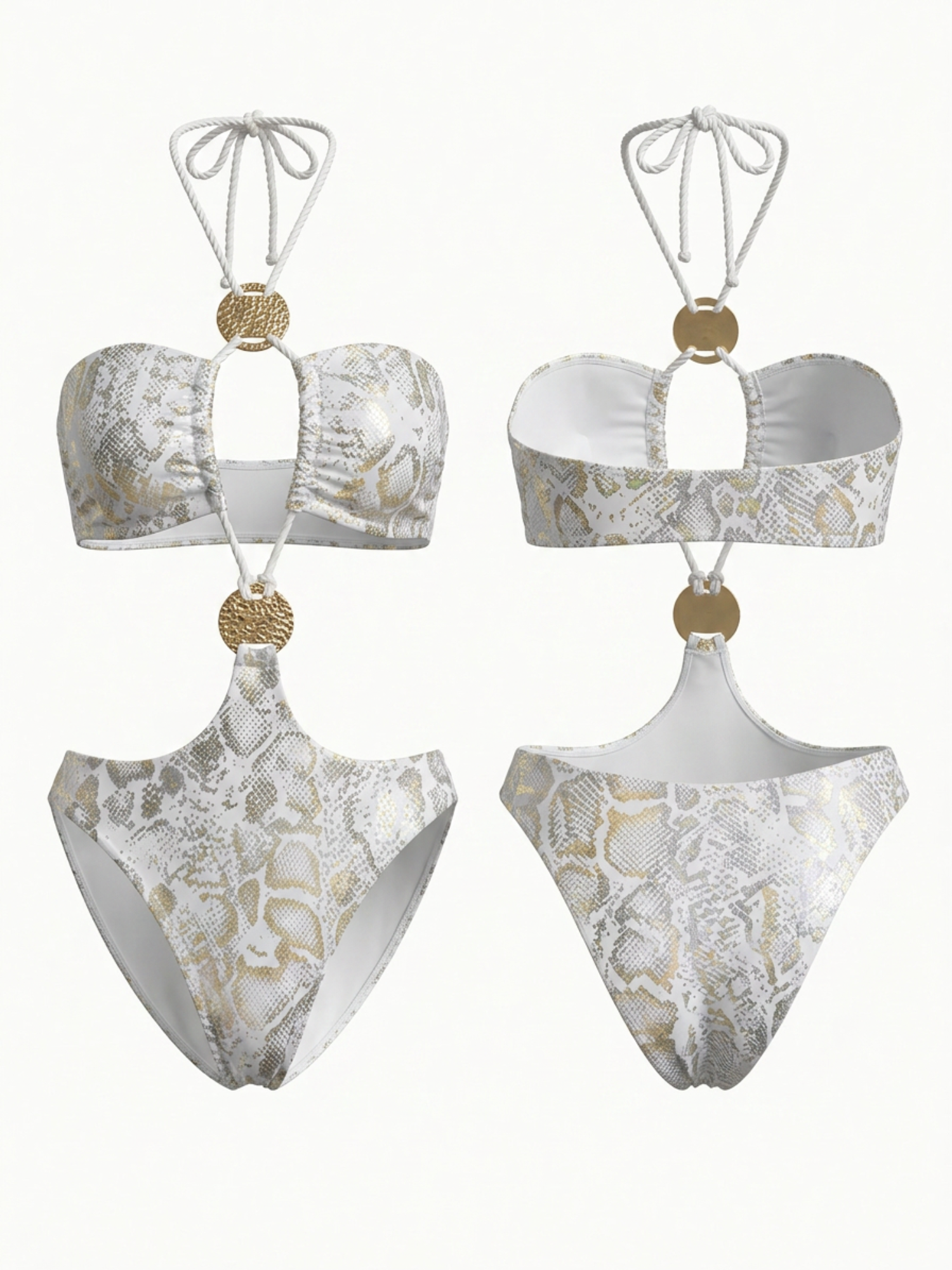 Luxury Gold Disc Decor Snake Print Rope Tie Halter One Piece