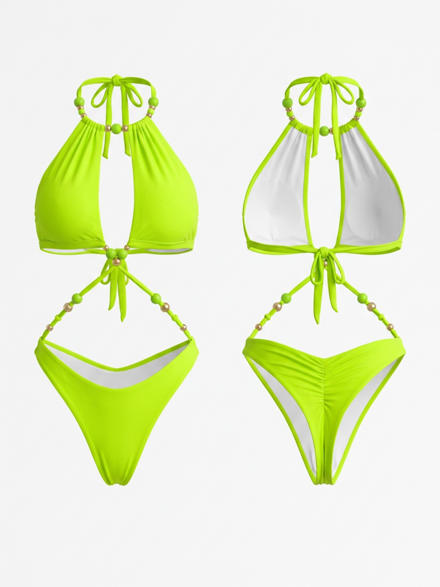 Lime Green Beaded Halter Cutout Two Piece Bikini Set