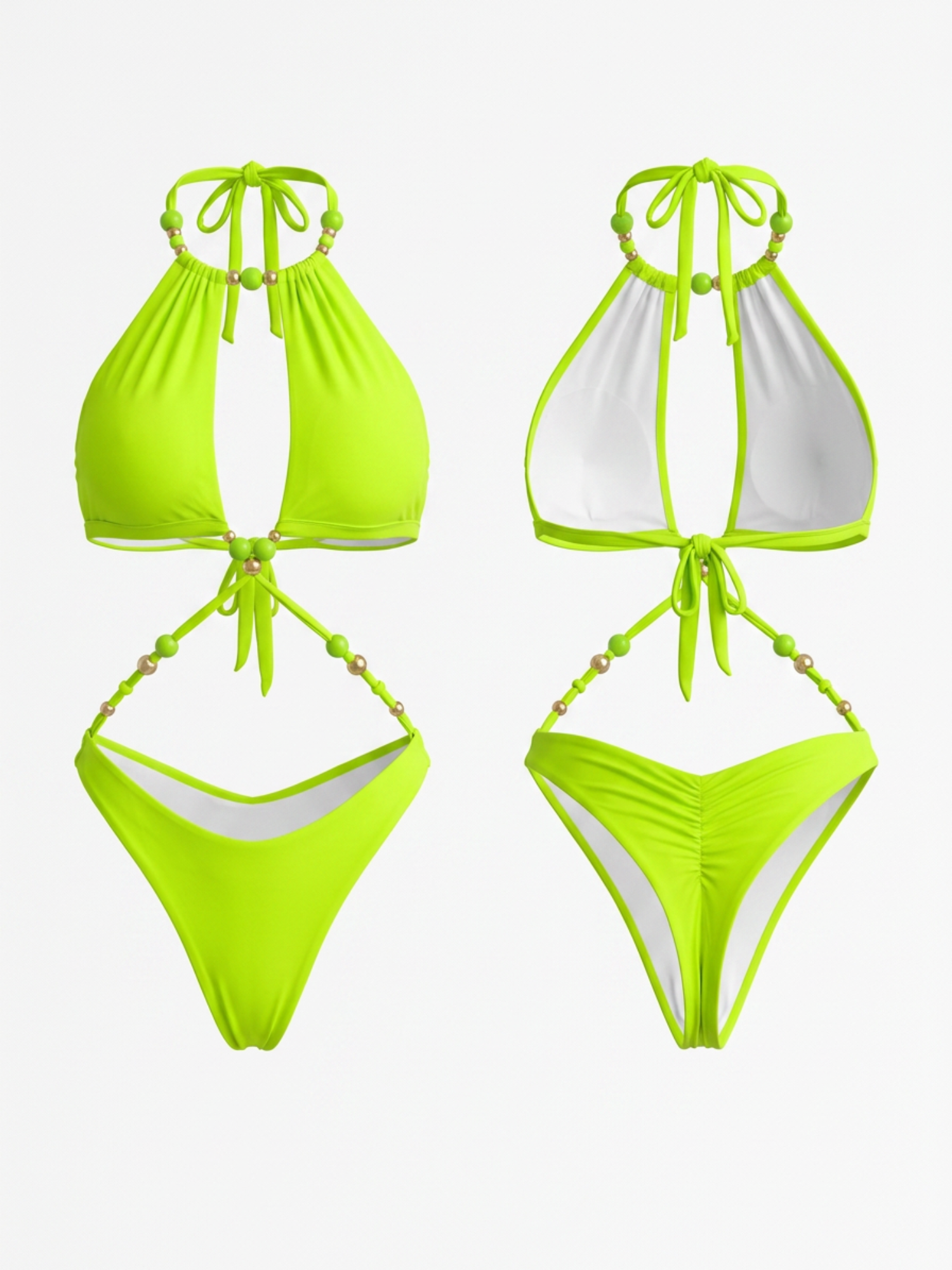 Lime Green Beaded Halter Cutout Two Piece Bikini Set