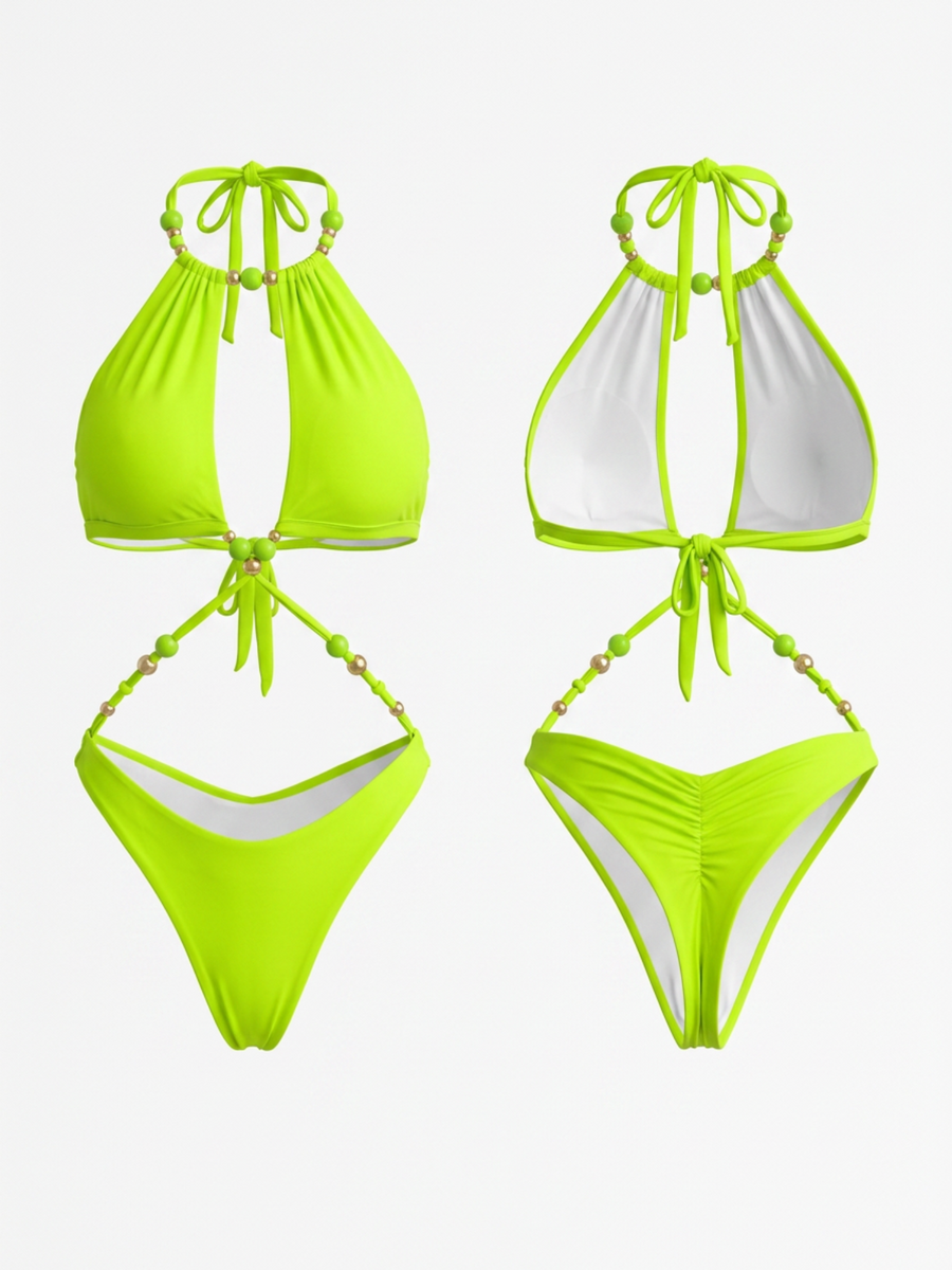 Lime Green Beaded Halter Cutout Two Piece Bikini Set