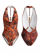Red Snake Print Halter Beaded Back Deep V One Piece
