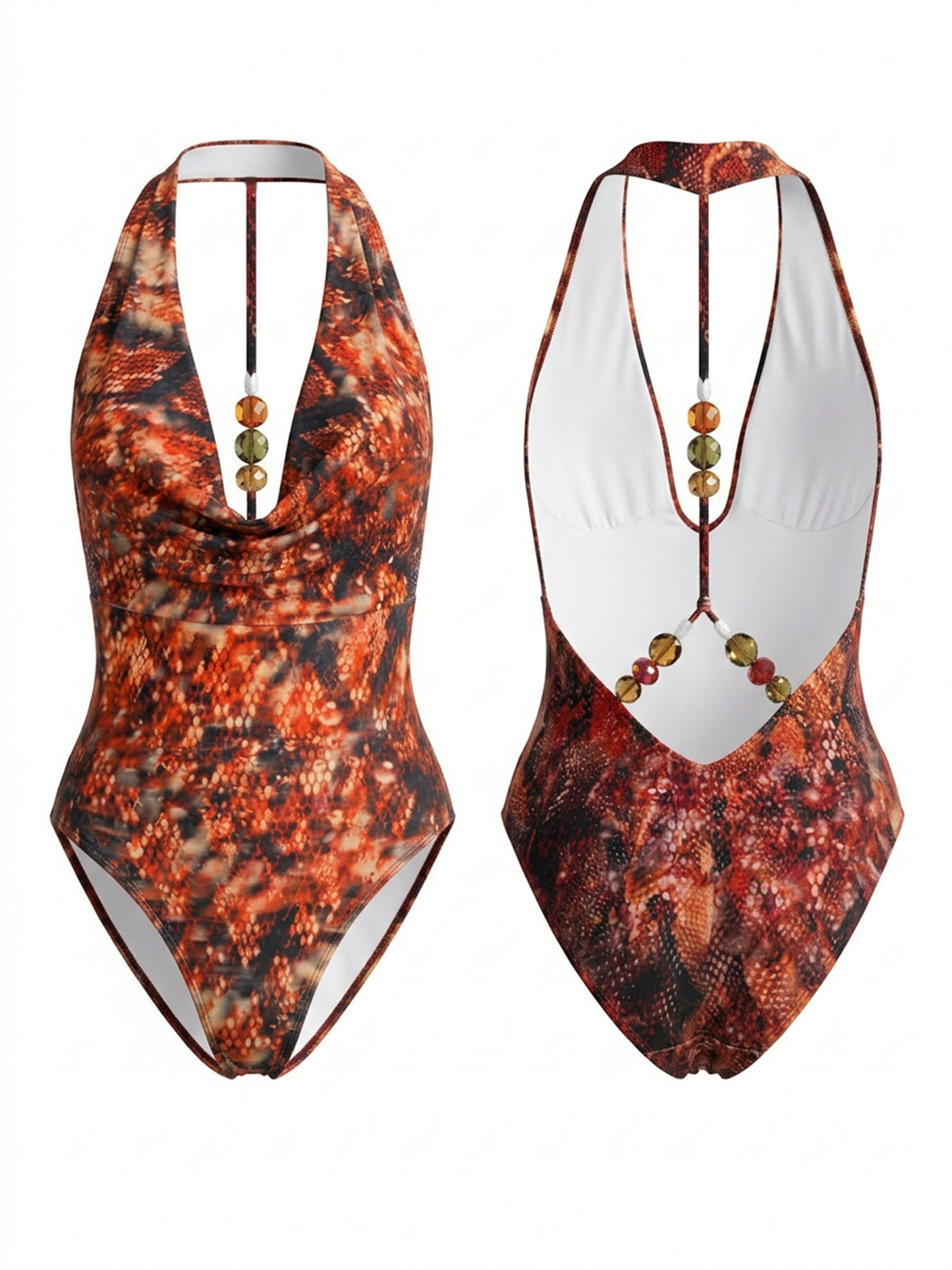 Red Snake Print Halter Beaded Back Deep V One Piece