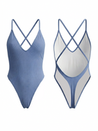 Light Blue Ribbed Crisscross Back High Cut One Piece
