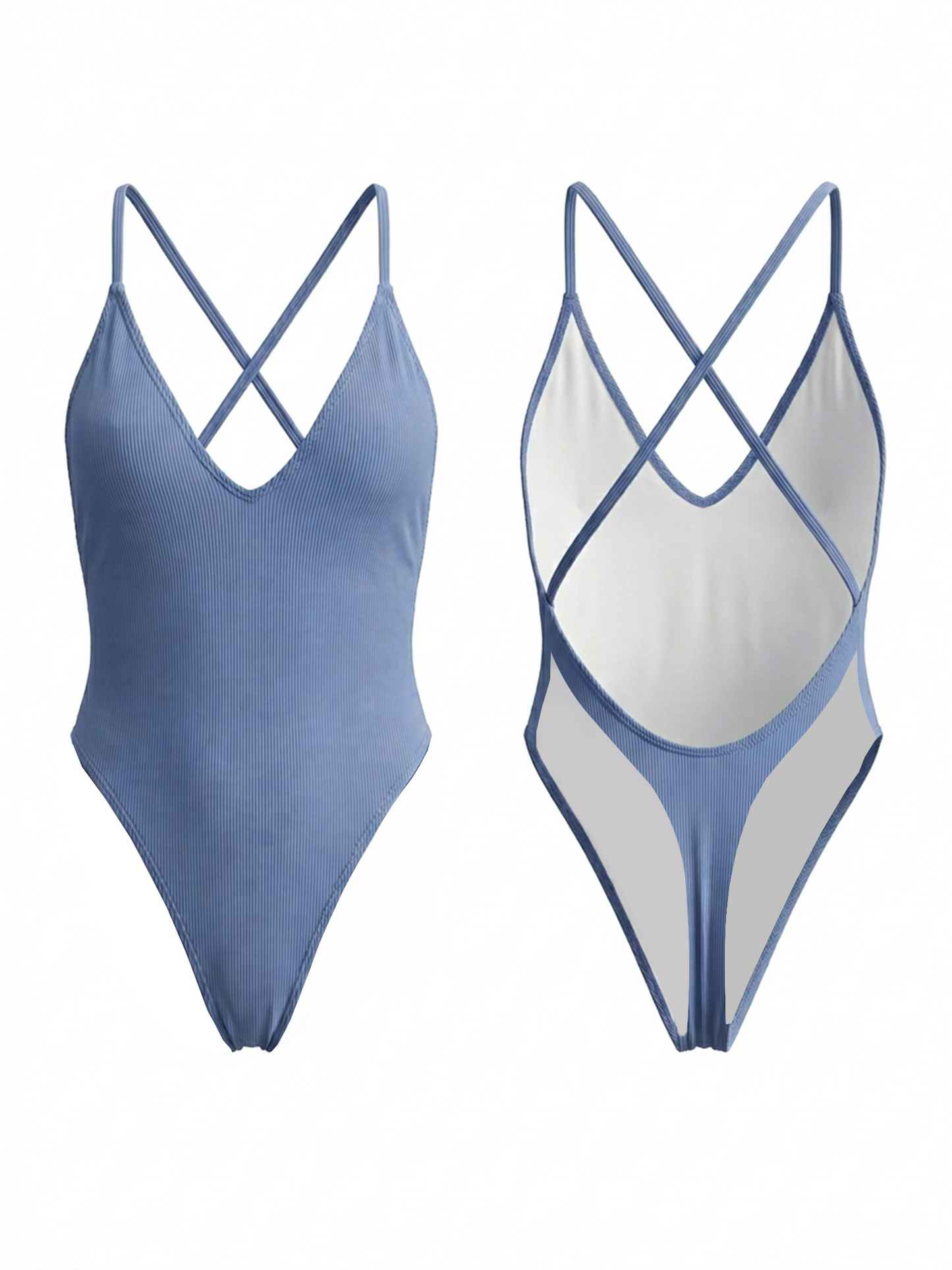 Light Blue Ribbed Crisscross Back High Cut One Piece