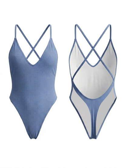 Light Blue Ribbed Crisscross Back High Cut One Piece