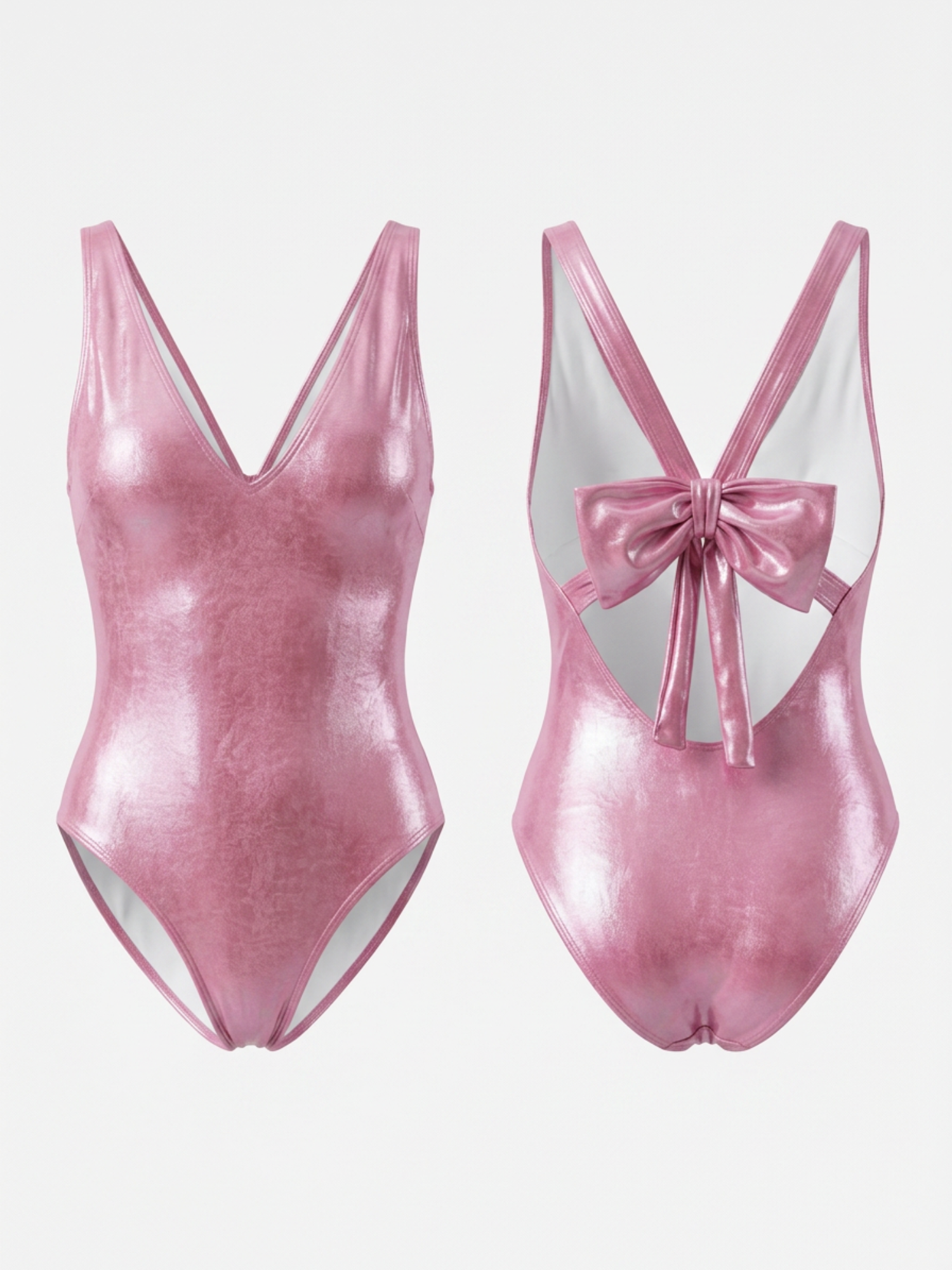 Metallic Pink V Neck Big Bow Back One Piece