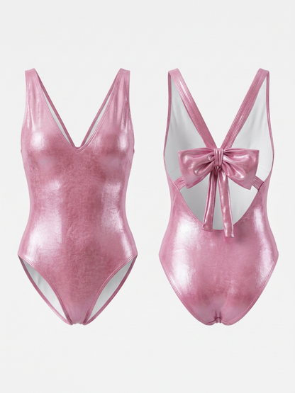 Metallic Pink V Neck Big Bow Back One Piece