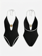 Black White Contrast Trim Halter Shell Buckle Cutout One Piece