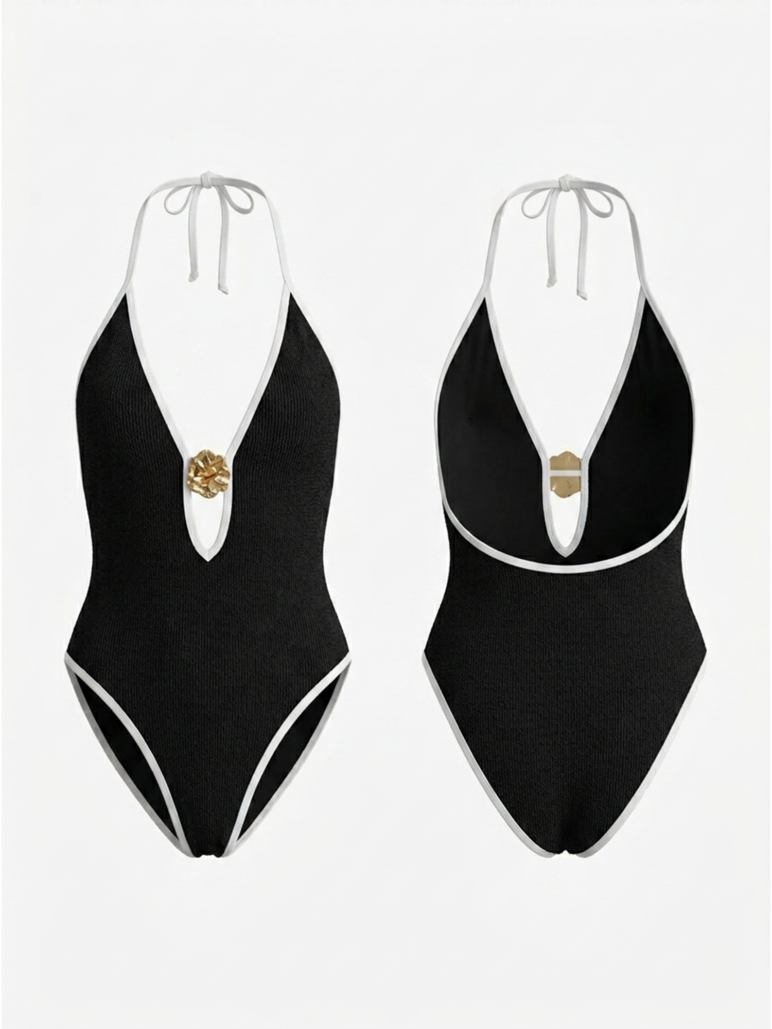 Black White Contrast Trim Halter Shell Buckle Cutout One Piece