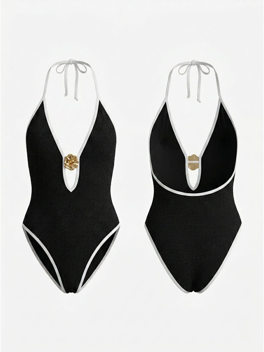 Black White Contrast Trim Halter Shell Buckle Cutout One Piece