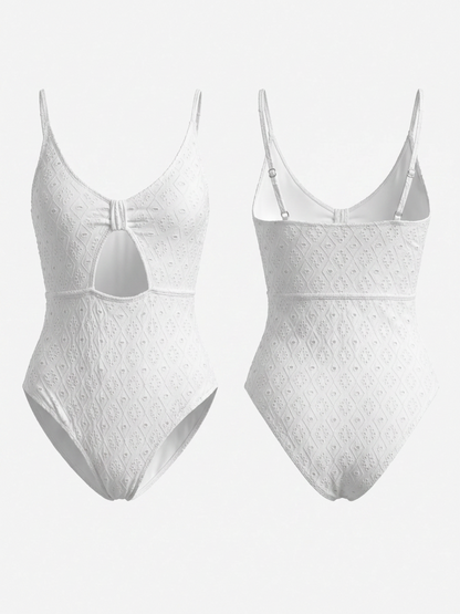 White Eyelet Textured Front Knot Cutout Thin Strap One Piece